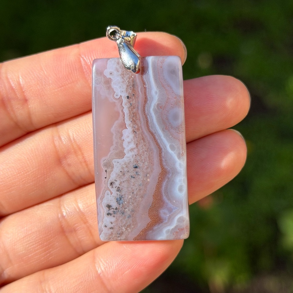 Sterling silver 925 stamped rectangular purple lace agate pendant 0760